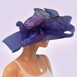 Purple Wide Brim Straw Hat with Tulle Ribbon